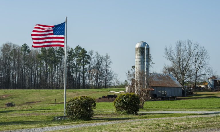 Farm scene with grain elevator and American flag